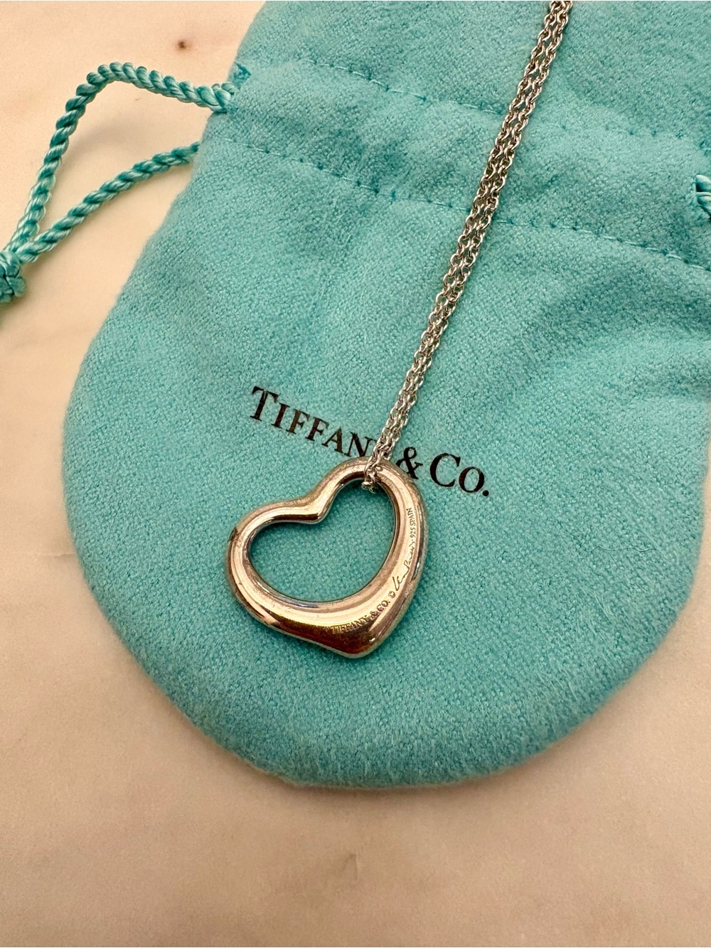 Tiffany & Co. Silver Open Heart Pendant Necklace with Blue Pouch